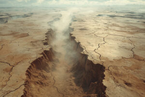 Aerial drone shot of a vast, cracked desert landscape, with deep fissures running across the parched earth. Dust clouds rise from the surface, emphasizing the harsh conditions. Ultra-realistic, elongated format, captured from a high altitude --ar 3:2 --quality 2 --style raw --stylize 500 --v 6.1 Job ID: fb076e03-4d80-4899-ac51-217a4f61a696